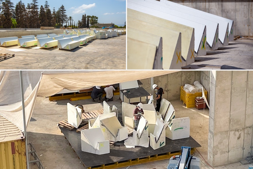 Workers are preparing blocks of expanded polystyrene in precise shapes and sizes to create the formwork for the intricate design of the trellis.