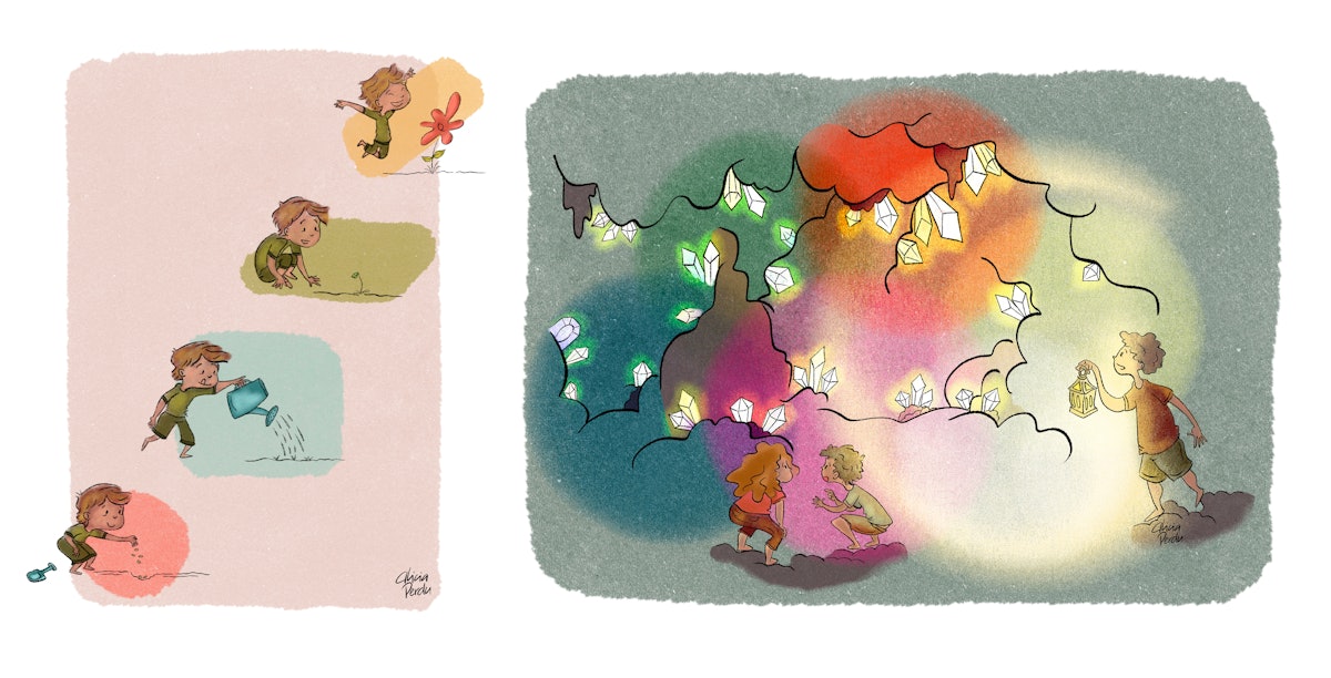 These illustrations for children by an artist in Spain explore concepts from the Bahá’í teachings about education, drawing on the following statement from Bahá’u’lláh: “Regard man as a mine rich in gems of inestimable value. Education can, alone, cause it to reveal its treasures, and enable mankind to benefit therefrom.”