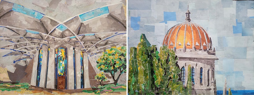 An artist from Ethiopia created these two collages from intricate paper cutouts of different colors based on the design concept of the Shrine of ‘Abdu’l-Bahá (left) and the Shrine of the Báb (right).