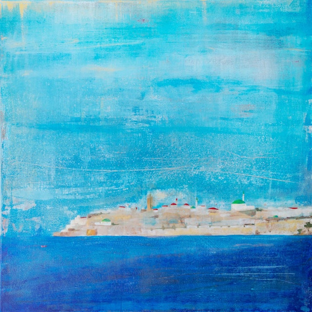 This painting by an artist from Canada depicts a view of ‘Akká, where ‘Abdu’l-Bahá was a resident for four decades. He arrived in that city as a prisoner and an exile alongside His Father, Baha’u’llah. Despite the many tragedies and adversities He suffered there, ‘Abdu’l-Bahá made Akka His home and dedicated Himself to serving the people of that city, especially its poor. In time, He came to be known and revered throughout the region.