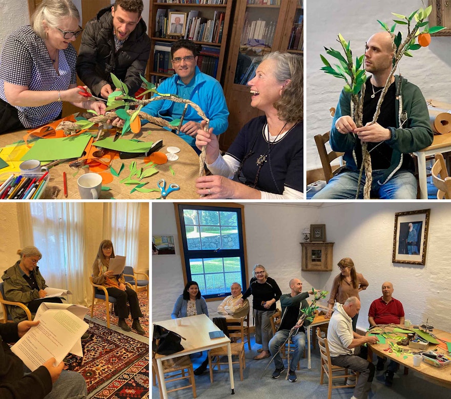 Participantes de las actividades de construcción de comunidad en Stavanger, Noruega, que han estudiado diferentes aspectos de la vida de ‘Abdu’l‑Bahá a través del arte. En la imagen confeccionan un árbol de papel para una obra teatral.
