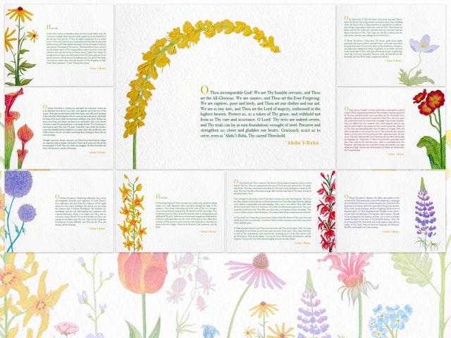An artist from Canada has prepared paper cards, each containing a prayer composed by ‘Abdu’l-Bahá. The prayer cards are illuminated by paintings of flowers inspired by the imagery of the natural world found in these prayers, including the following: “They have bloomed like sweet blossoms and are filled with joy like the laughing rose. Wherefore, O Thou loving Provider, graciously assist these holy souls by Thy heavenly grace which is vouchsafed from Thy Kingdom…”