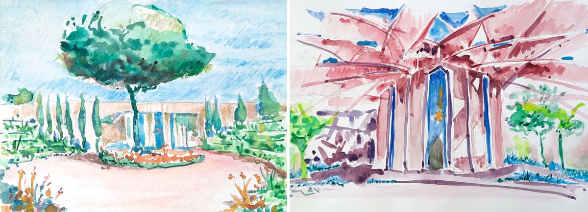 An artist in Tunisia created these watercolor paintings based on the design concept for the Shrine of ‘Abdu’l-Bahá.