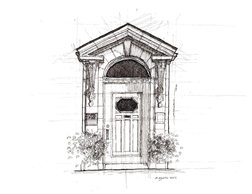 Esta ilustración realizada por un artista chileno muestra la entrada a la residencia Maxwell en Montreal (Canadá), donde ‘Abdu’l‑Bahá dio charlas públicas durante Su visita de diez días a esa ciudad en 1912.