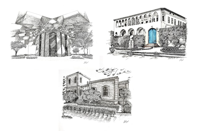 An artist in Canada has produced a series of illustrations of significant places associated with ‘Abdu’l-Bahá. The top-left image depicts the design concept of His Shrine, the top-right image is of the Mansion of Bahjí, and the bottom image is of the House of ‘Abdu’l-Bahá in Haifa.