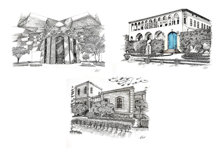 Un artiste au Canada a réalisé une série d’illustrations de lieux importants associés à ‘Abdu’l-Bahá. L’image en haut à gauche représente le projet de son mausolée, l’image en haut à droite est celle le manoir de Bahjí et l’image du bas est celle de la maison de ‘Abdu’l-Bahá à Haïfa.