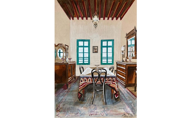 An artist from Romania created this illustration of the room in the House of ‘Abdu’lláh Páshá in ‘Akká where a series of table talks were given by ‘Abdu’l-Bahá between 1904 and 1906 in response to questions posed by Laura Dreyfus-Barney, an American Bahá’í resident in Paris. The transcriptions of the talks were later published as the book Some Answered Questions.