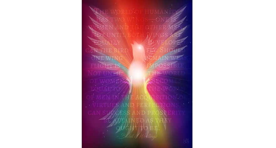 Esta obra digital, creada por un artista de los Estados Unidos, se inspira en las palabras de ‘Abdu’l‑Bahá sobre la igualdad de mujeres y hombres, donde compara a la humanidad a un ave con dos alas.