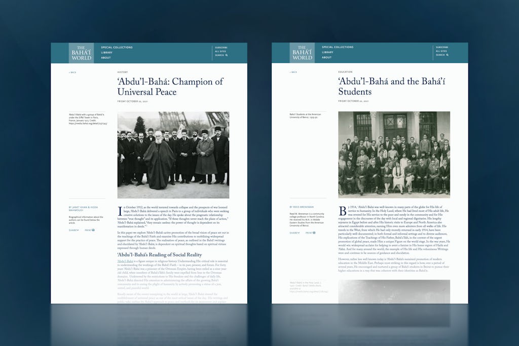 The Bahá’í World online publication releases two new articles titled “‘Abdu’l-Bahá: Champion of Universal Peace” and “Abdu’l-Bahá and the Bahá’í Students.”
