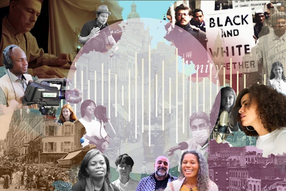 Collage of various media productions and historical photographs surrounding audio waveforms.