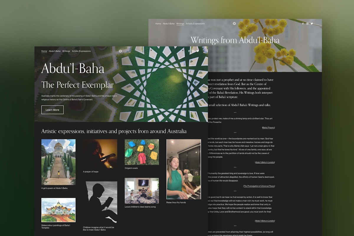 یک وبسایت اخیراً راه‌اندازی شده در استرالیا شامل بخش‌هایی از آثار حضرت عبدالبهاء و آثار هنری‌ای است که در هفته‌های اخیر توسط افرادی از سراسر این کشور تولید شده است.