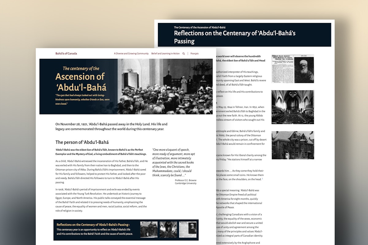 This microsite launched by the Bahá’ís of Canada features articles about ‘Abdu’l-Bahá’s visit to Montreal where His talks were attended by thousands of people from diverse faith communities. The site also makes available prayers composed by ‘Abdu’l-Bahá, digital booklets of stories for children, and other reading materials.