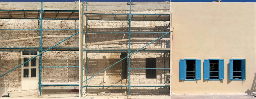 La eliminación de la pintura y el yeso de las paredes exteriores de la habitación de Bahá’u’lláh reveló los contornos de las ventanas originales, que se habían rellenado con mampostería. Aquí se ven instantáneas de parte de la fachada oriental de la habitación en diferentes fases de los trabajos de restauración de las ventanas.