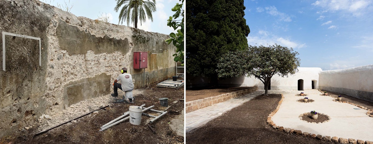 In the courtyard adjacent to the house, the pathway has been repaved and the walls have undergone various stages of repair, reinforcing their core and reapplying the plaster.