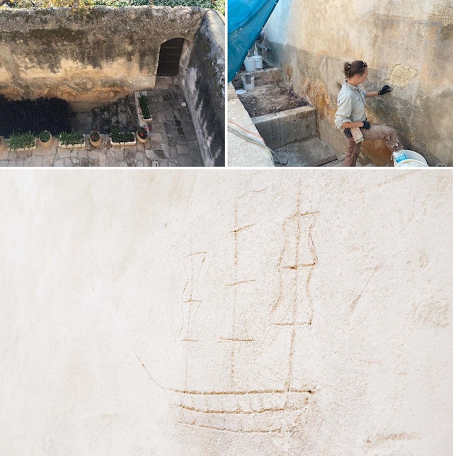 During the process of restoring the courtyard walls, several carvings dating to the mid-1700s were treated and are now clearly visible. Pictured here is one such carving depicting a sailing ship typical of the kind that would have passed through the waters of ‘Akká at that time.