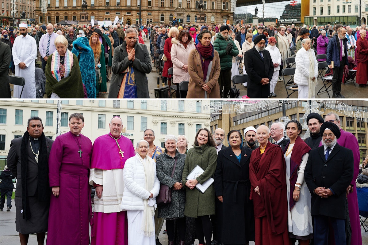 Des bahá’ís ont rejoint les membres de diverses communautés religieuses en Écosse pour des prières interconfessionnelle s à George Square à Glasgow, le jour de l’ouverture de la COP26.