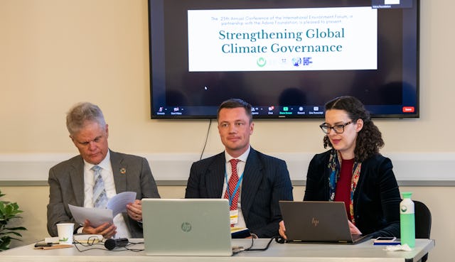 Maja Groff (right) at a discussion held by the International Environment Forum, a Bahá’í-inspired organization. (Credit: Sean Miller)