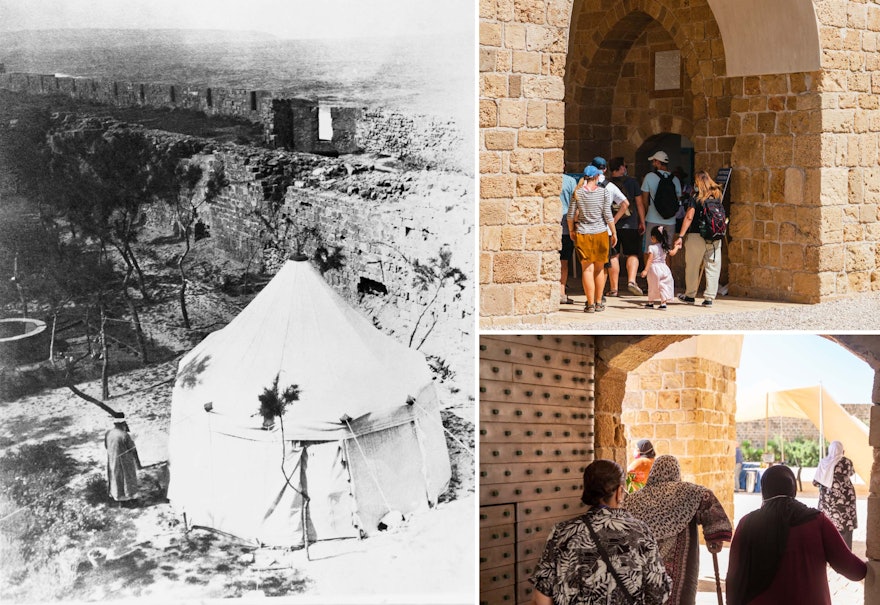 Durante el tiempo que residió en la Casa de ‘Abdu’lláh Páshá, ‘Abdu’l-Bahá recibía regularmente visitantes de todos los segmentos de la sociedad y de todas las confesiones religiosas y procedencias. En la imagen, a la izquierda, la tienda de ‘Abdu’l-Bahá levantada en el patio de la Casa de ‘Abdu’lláh Páshá, en torno a 1907.