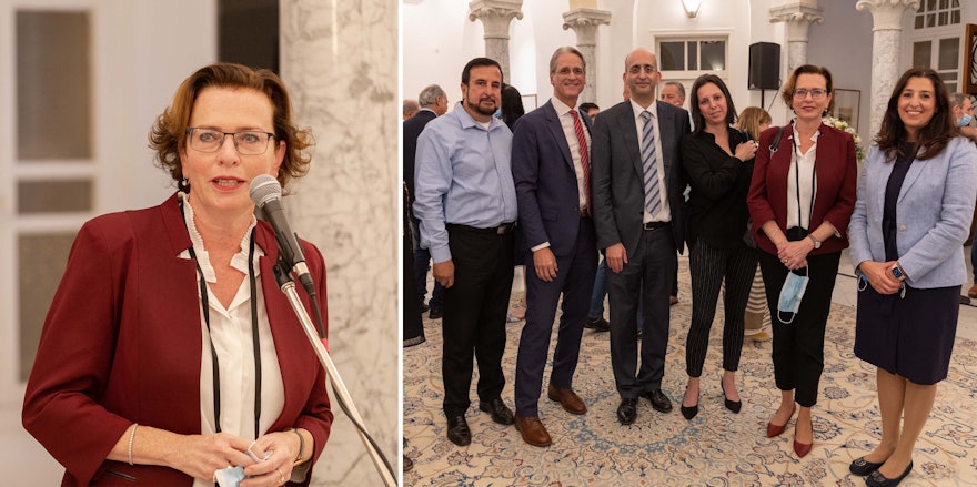 The mayor of Haifa (left), Einat Kalisch-Rotem, spoke at the reception at 10 Haparsim Street. The building at this location was constructed under the direction of ‘Abdu’l-Bahá to function as a pilgrim house.