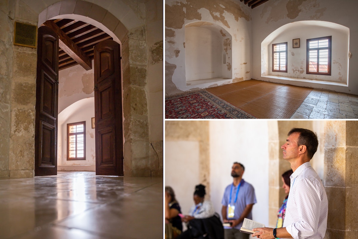 In this collage, the left and top right images show the cell where Bahá’u’lláh was confined.