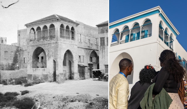 On the left is a historic view of the House of ‘Abbúd (c.1920s). On the right is a view of participants arriving at the house.