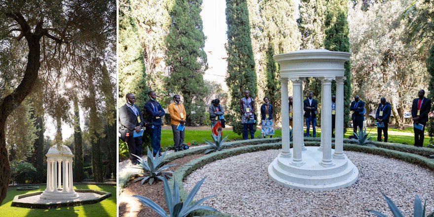 Participantes en los Jardines Monumentales de Haifa, que albergan las sepulturas de Navváb (esposa de Bahá’u’lláh), Mírzá Mihdí (el hijo menor de Bahá’u’lláh), Bahíyyih Khánum (la hija de Bahá’u’lláh, a la izquierda) y Munírih Khánum (esposa de ‘Abdu’l-Bahá, a la derecha).