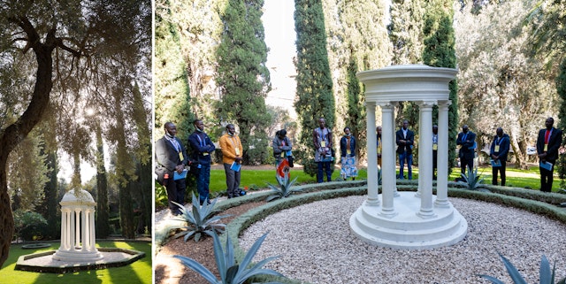 Participants at the Monument Gardens in Haifa, which house the resting places of Navváb (the wife of Bahá’u’lláh), Mírzá Mihdí (the younger son of Bahá’u’lláh), Bahíyyih Khánum (the daughter of Bahá’u’lláh, left), and Munírih Khánum (the wife of ‘Abdu’l-Bahá, right).