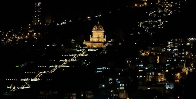 A view of Mount Carmel in Haifa with the Shrine of the Báb, where ‘Abdu’l-Bahá’s earthly remains were interred upon His passing.
