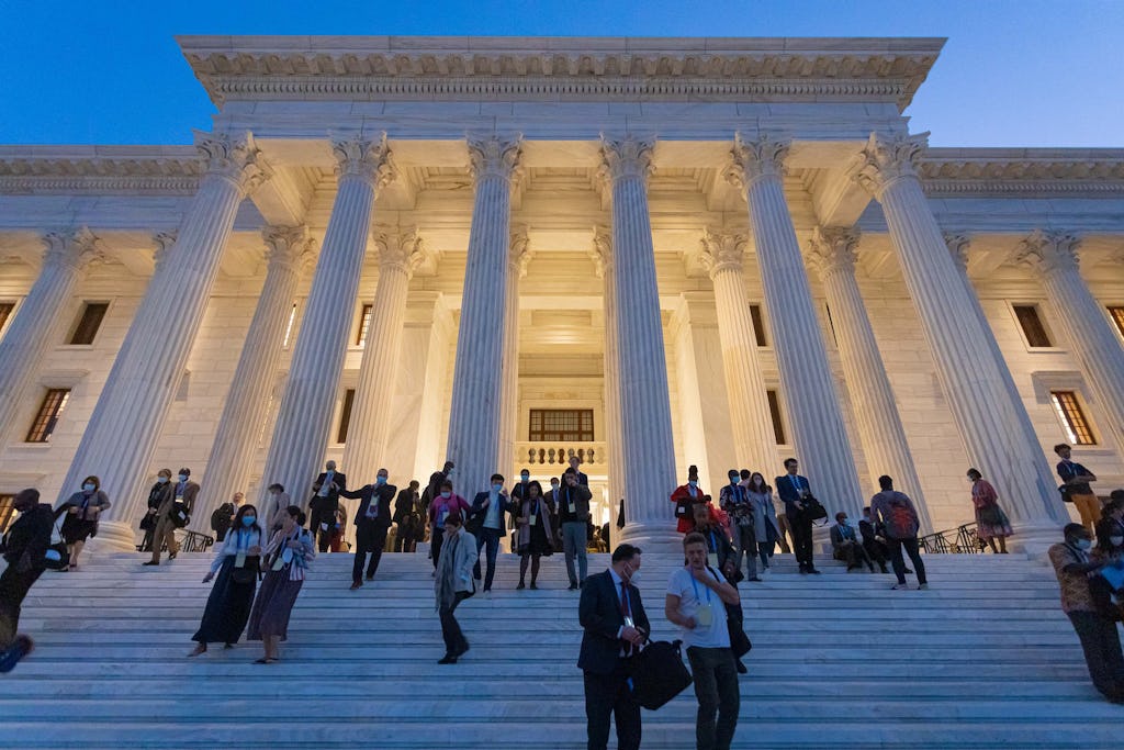 Seen here are participants on the steps of the Seat of the Universal House of Justice moments after the closing of the historic centenary gathering.