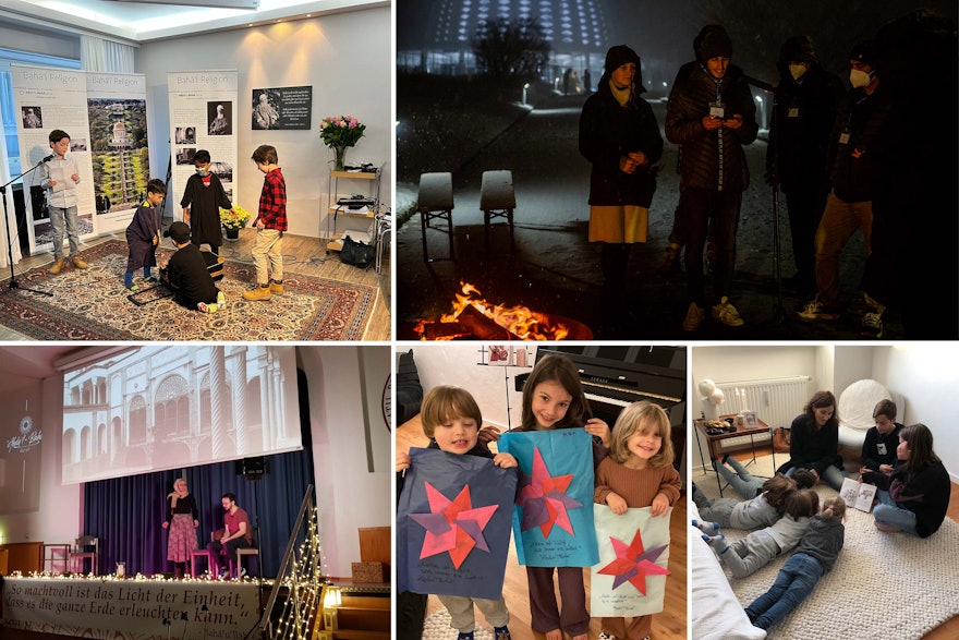 Pictured here are a few of the many centenary commemorations held across Germany. Children and youth played a prominent role in these gatherings, in which artistic presentations were made and talks given about ‘Abdu’l-Bahá’s life. At the Bahá’í House of Worship near Frankfurt, area residents gathered around a bonfire to share stories about Him.