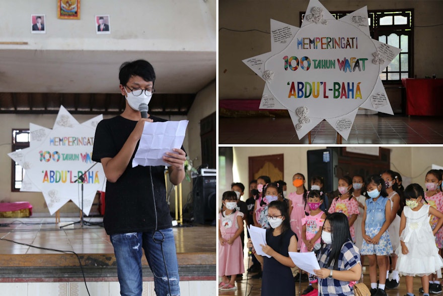 Youth at a centenary gathering in Indonesia. The program included stories about the life of ‘Abdu’l-Bahá and musical performances.