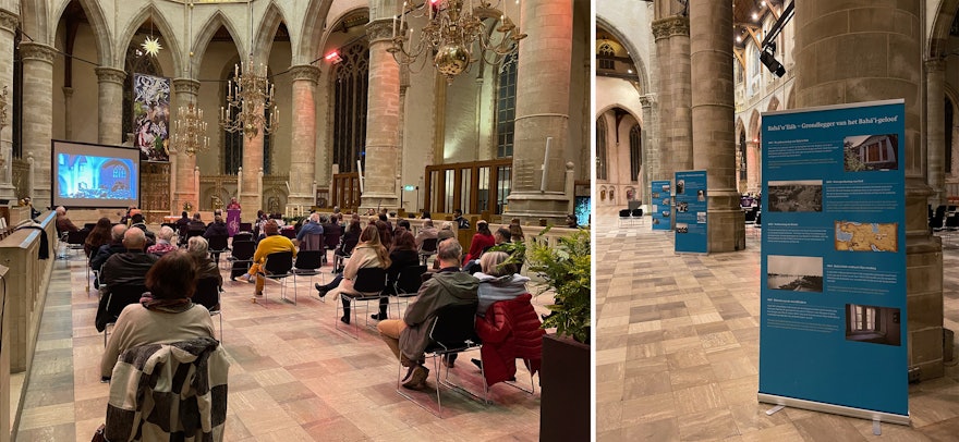 People of all ages, backgrounds, and religions attending a centenary gathering in a prominent church in Rotterdam, Netherlands. The program included musical performances, prayers, stories, and an exhibit about the life of ‘Abdu’l-Bahá.