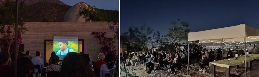 An outdoor screening of Exemplar on the grounds of the Bahá’í House of Worship in Santiago, Chile. The House of Worship can be seen in the background of the photo on the left.