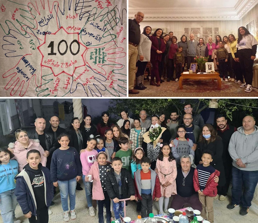 Participants at gatherings in Tunisia (bottom and top-right). A group of young friends created a drawing inspired by the qualities and attributes of ‘Abdu’l-Bahá such His humility and selflessness (top-left).