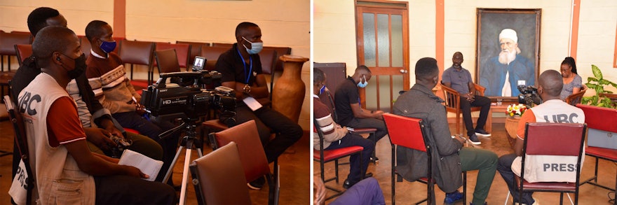 Journalists in Uganda covering the centenary commemorations. Pictured above are members of the Bahá’í community speaking with reporters about ‘Abdu’l-Bahá.