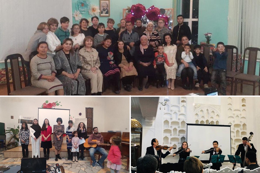 Centenary gatherings in Uzbekistan included screenings of Exemplar and children and youth chanting prayers and writings of ‘Abdu’l-Bahá. Seen bottom-right is a gathering featuring a musical performance.