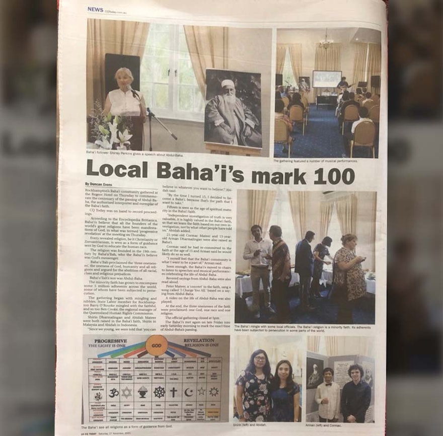 An article in a newspaper in Australia about a local centenary gathering.
