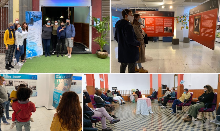 Groups of people visiting a panel exhibit in the Canary Islands about ‘Abdu’l-Bahá, His service to humanity, and His ceaseless efforts to promote the oneness of mankind.