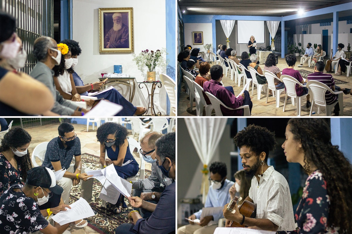 Participants at a gathering in Brazil reading passages about ‘Abdu’l-Bahá and creating music inspired by their discussions.