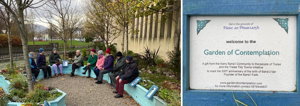 A group of friends in Tralee, Ireland, at the “Garden of Contemplation,” which was created in honor of the bicentenary of the Birth of Bahá’u’lláh in 2017.