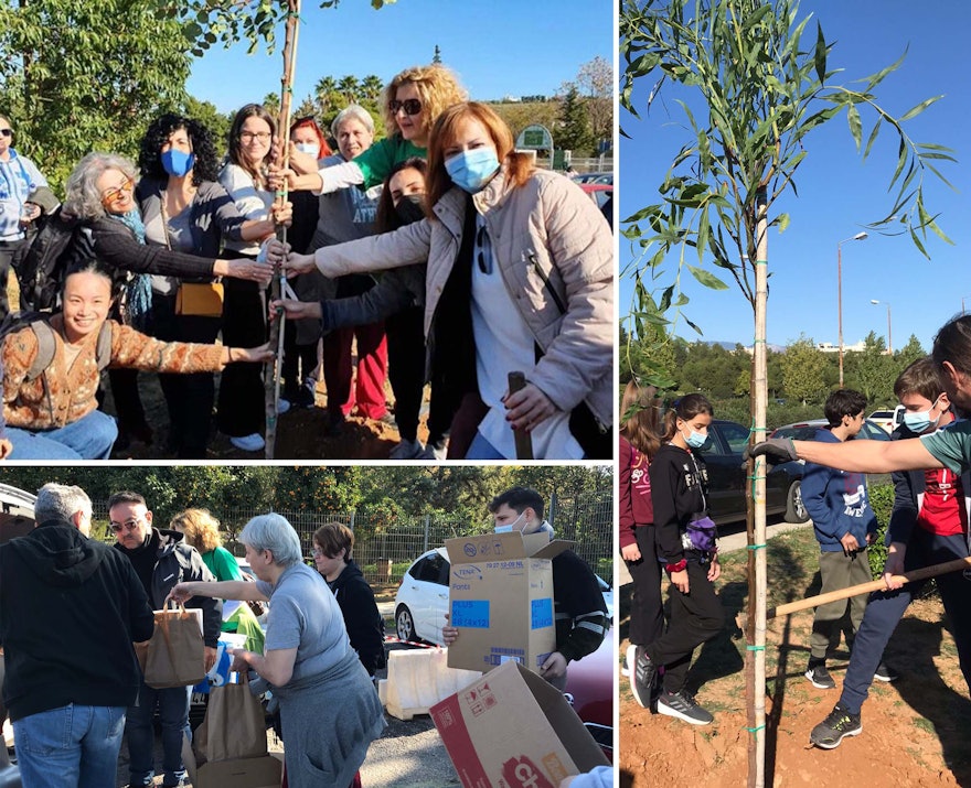 شرکت‌کنندگان در فعالیت‌های جامعه‌سازی بهائی در شهر گالاتسی در یونان در حال کاشت درخت با همکاری یکی از سازمان‌های محیط‌زیستی محلی.