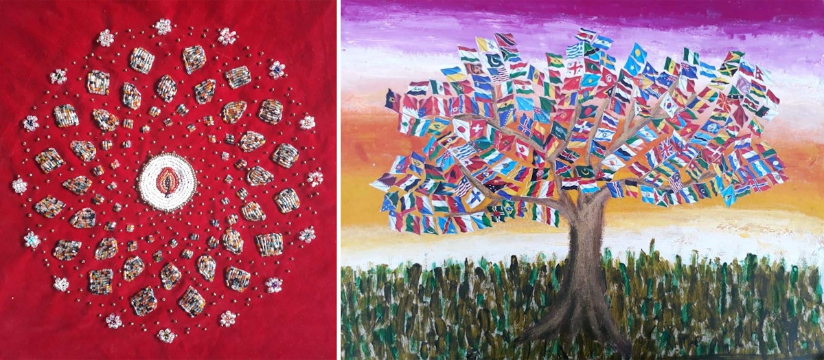 Artistic works created in Bolivia in honor of ‘Abdu’l-Bahá. On the right is a painting created by children in a local community reflecting the words of ‘Abdu’l-Bahá about the oneness of humanity, likening all people to “the leaves of one tree.” On the left is an embroidery based on the design of the trellis of the Shrine of ‘Abdu’l-Bahá, which is currently under construction.