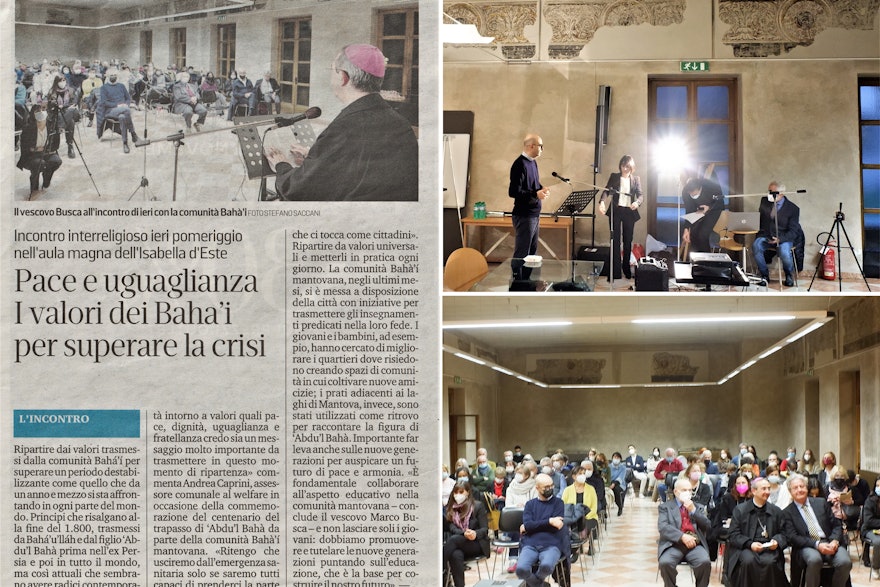 A centenary gathering in Mantua, Italy, brought together government officials, the Bishop of Mantua, representatives of the region’s interfaith council, and journalists. In his comments at the event, the Bishop of Mantua stated: “I am happy to be present and to receive light from ‘Abdu’l-Bahá’s spiritual message, with the hope that the commemoration will confirm those present in their spiritual mission.”
