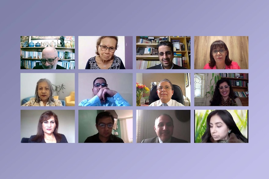 Pictured here are participants of the online seminar, including (top row, left to right): Ambassador Juan Alvarez Vita, a former Peruvian diplomat; Laura Vargas, Executive Secretary of the Interreligious Council of Peru; Amin Egea, representing the Bahá’í community of Peru; and Nancy Tolentino, former vice-minister for women and vulnerable populations.