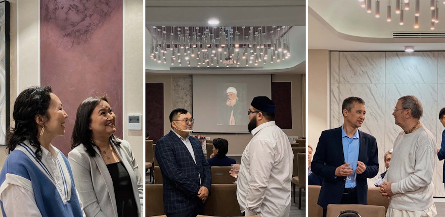 شرکت‌کنندگان در جلسه‌ای در آلماتی شامل نمایندگان «ادارهٔ معنوی مسلمانان قزاقستان» (تصویر وسط، سمت راست)، کلیسای ادونتیست روز هفتم، و «انجمن آگاهی کریشنا» (تصویر سمت راست) بودند.