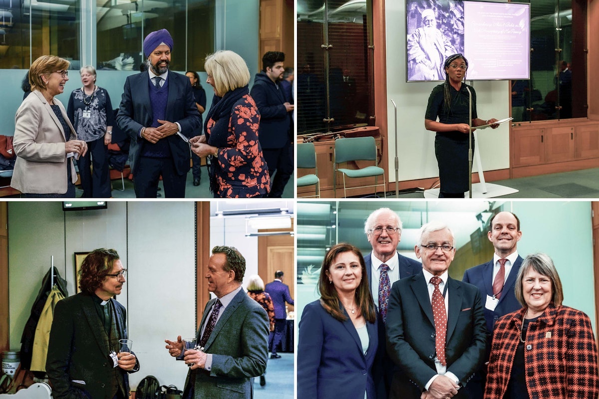 In the top-left image above, Shirin Fozdar-Foroudi of the Bahá’í National Spiritual Assembly of the UK (left) speaks with Tanmanjeet Singh Dhesi, MP, and Ruth Jones, MP.  The top-right image shows Kemi Badenoch, Minister for Faith, speaking at the gathering.