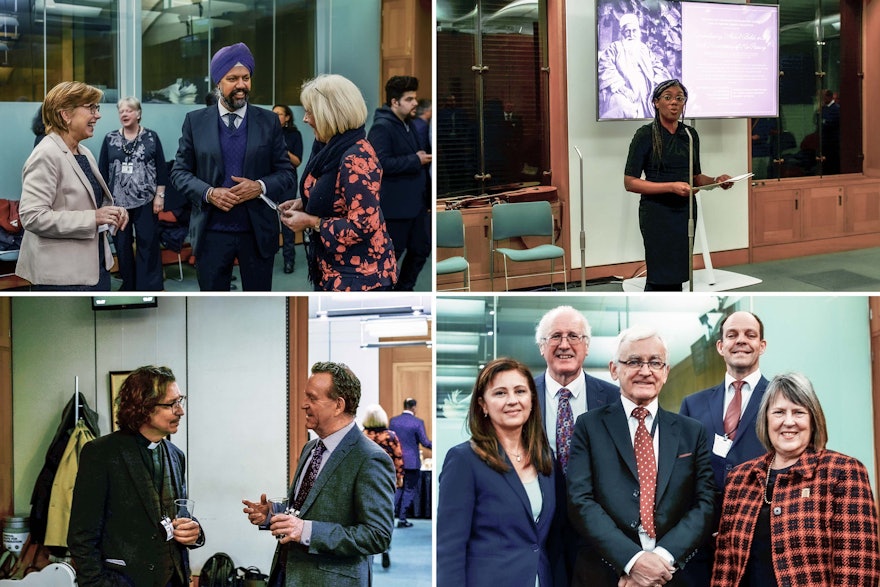 In the top-left image above, Shirin Fozdar-Foroudi of the Bahá’í National Spiritual Assembly of the UK (left) speaks with Tanmanjeet Singh Dhesi, MP, and Ruth Jones, MP. The top-right image shows Kemi Badenoch, Minister for Faith, speaking at the gathering.