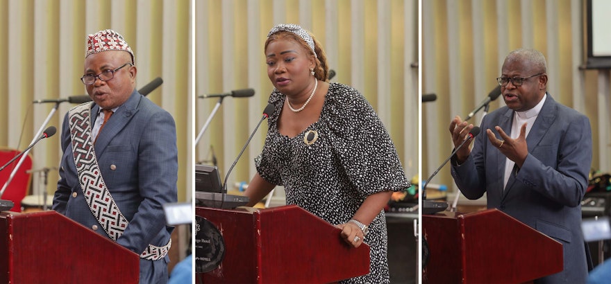 Pictured here are some of the panelists of the discussion on social cohesion. Left to right: Prince Evariste Bekanga, Secretary-General of the National Alliance of Traditional Authorities of the Congo; Christelle Vuanga, Member of the Parliament of the DRC and chair of the parliamentary commission for human rights; Abbot Donatien Nshole, Secretary-General of the Catholic National Episcopal Conference of the Congo.