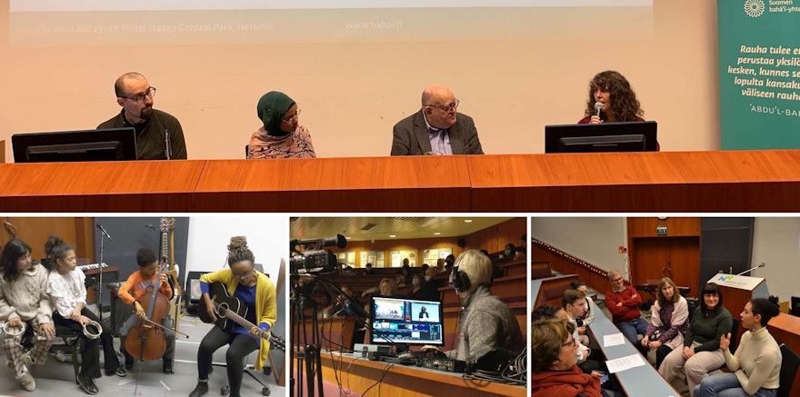 En la imagen superior de este collage aparecen los ponentes del seminario: Safa Hovinen, miembro de la Asamblea Espiritual Nacional de los Bahá’ís de Finlandia; Maryan Abdulkarim, destacada periodista nacional; Kamran Namdar, profesor de educación en la Universidad de Mälardalen (Suecia); Miriam Attias, mediadora comunitaria y directora del proyecto depolarize.fi.