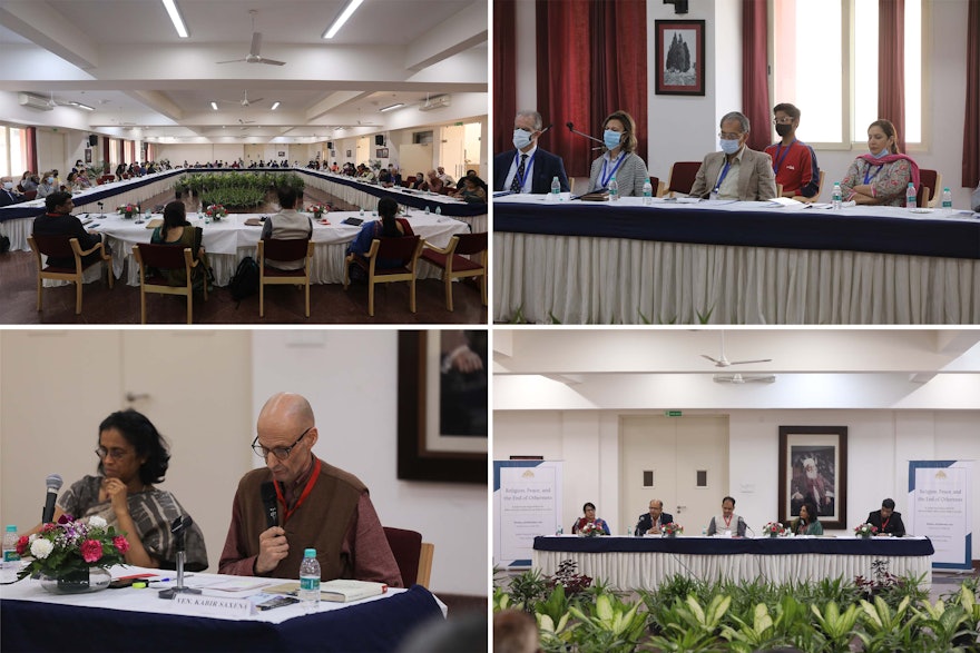 The bottom-left image shows panelists Geeta Gandhi Kingdon of the Institute of Education at University College, London (left), and Kabir Saxena of the Tushita Mahayana Meditation Centre, New Delhi (right). The bottom-right image shows (left to right): Nilakshi Rajkhowa of the Bahá’í Office of Public Affairs and Panelists Amar Patnaik, Member of Parliament; Arash Fazli of the Bahá’í Chair for Studies in Development at Devi Ahilya University, Indore; Bindu Puri, professor of Philosophy at Jawaharlal Nehru University; Col. Dr. D. P. K. Pillay, Research Fellow, Manohar Parikkar Institute for Defence Studies and Analyses, New Delhi.